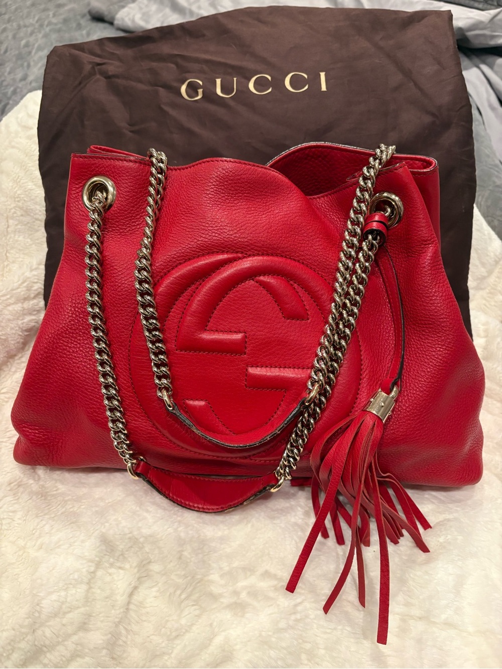 Gucci Red Pebbled Leather Shoulder Bag with Tassel+Chain Straps authentic GUCCI - Picture 6 of 7